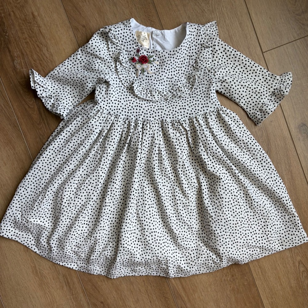 Laura Ashley Girls Size 4 Dress White Black Polka Dot Rose Bow Coquette Ruffle
